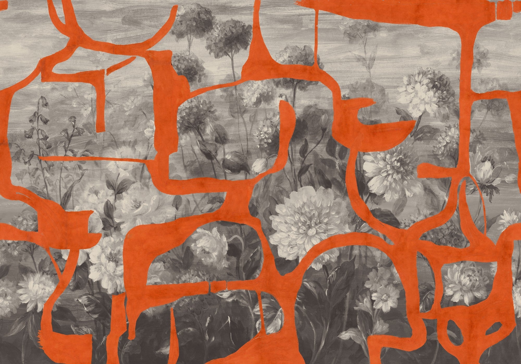M5005-2 Prehistoric Flowers Orange Playful Layers Mural by Tres Tintas