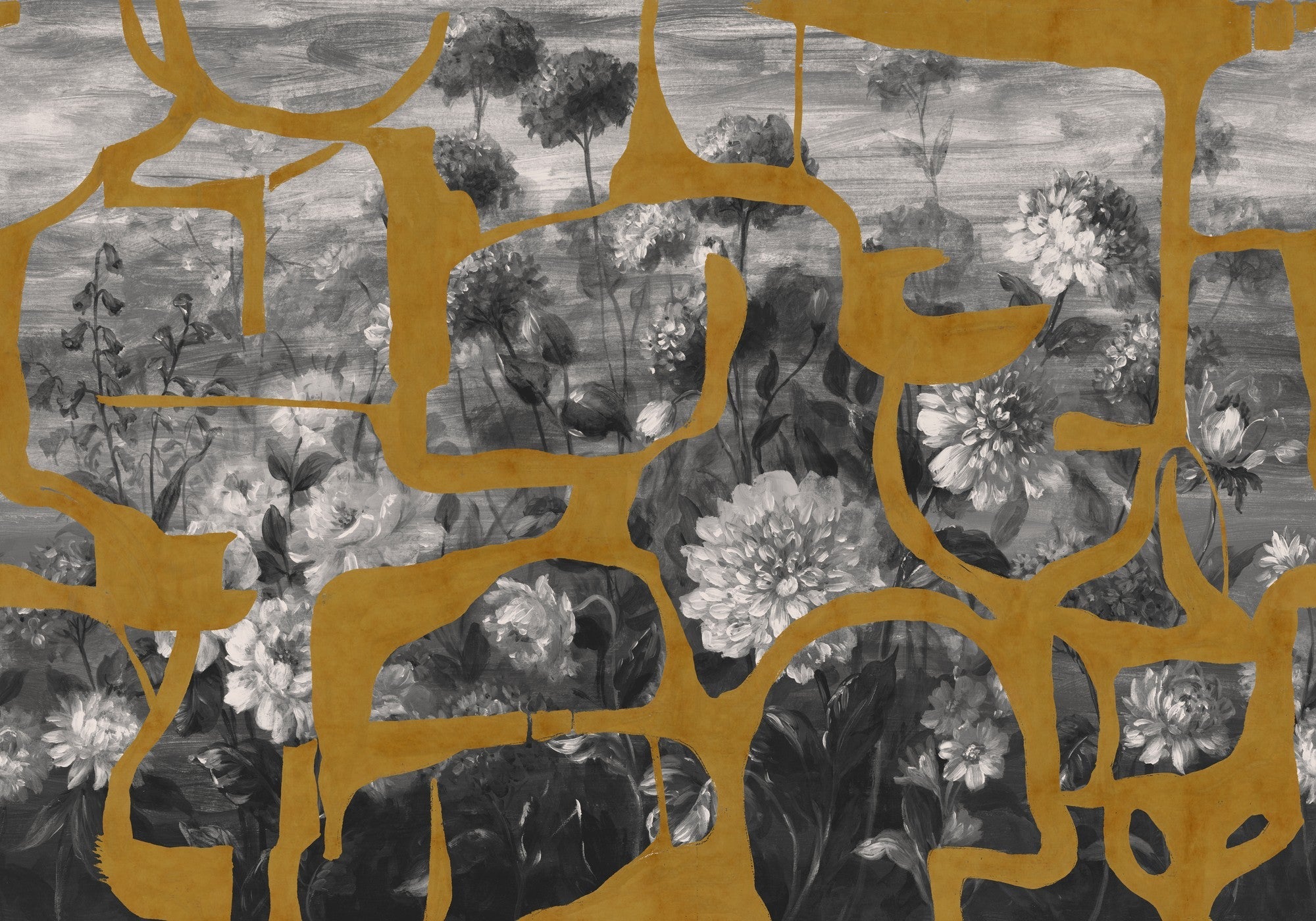 M5005-3 Prehistoric Flowers Ocher Playful Layers Mural by Tres Tintas