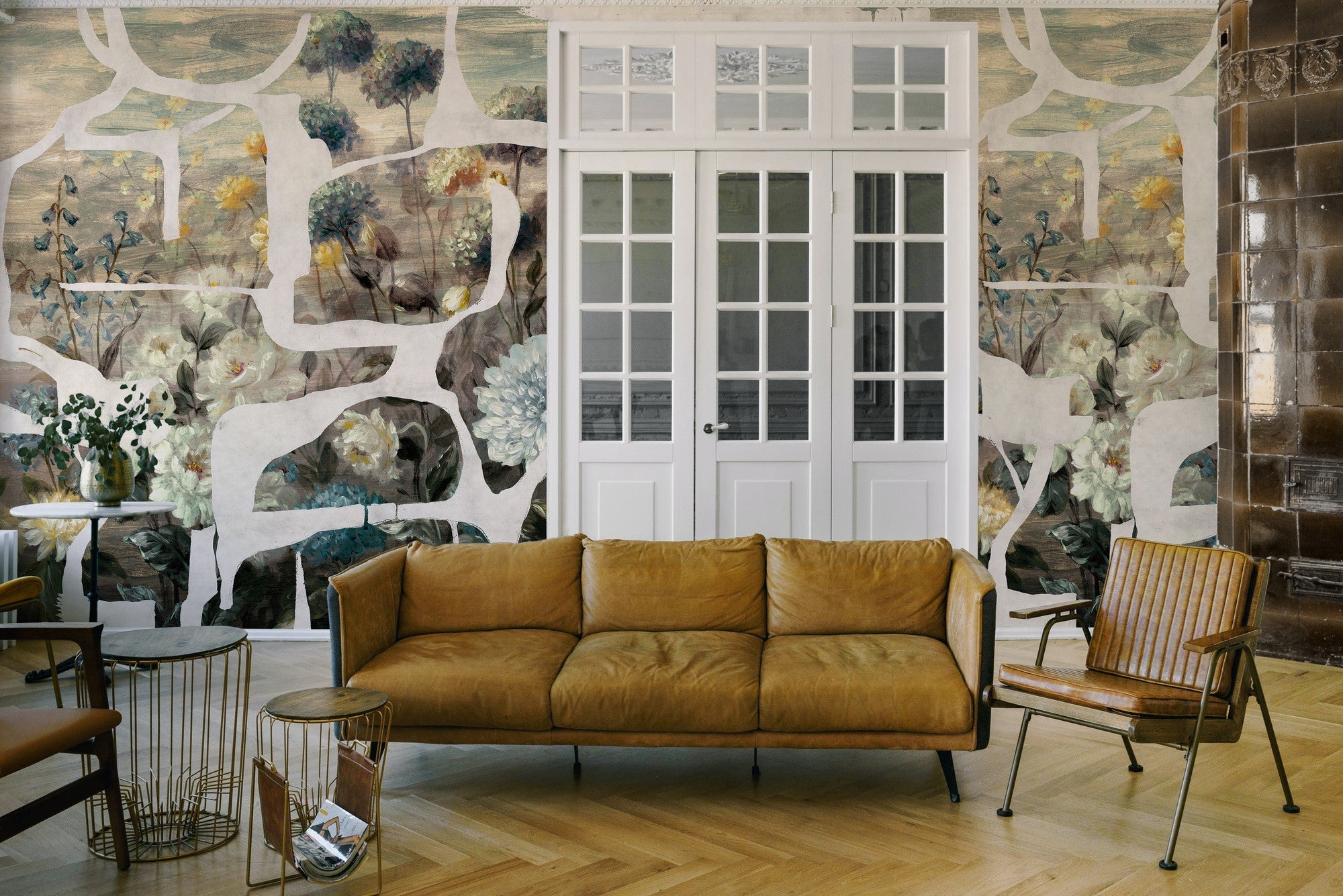 M5005-5 Prehistoric Flowers White Playful Layers Mural by Tres Tintas