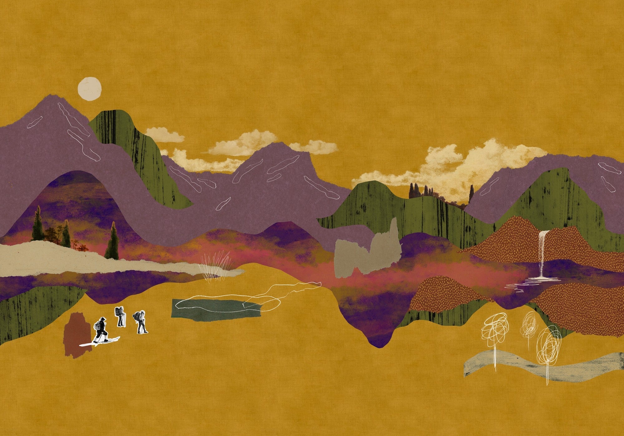 M5007-4 Landscape Collage Ocher Playful Layers Mural by Tres Tintas