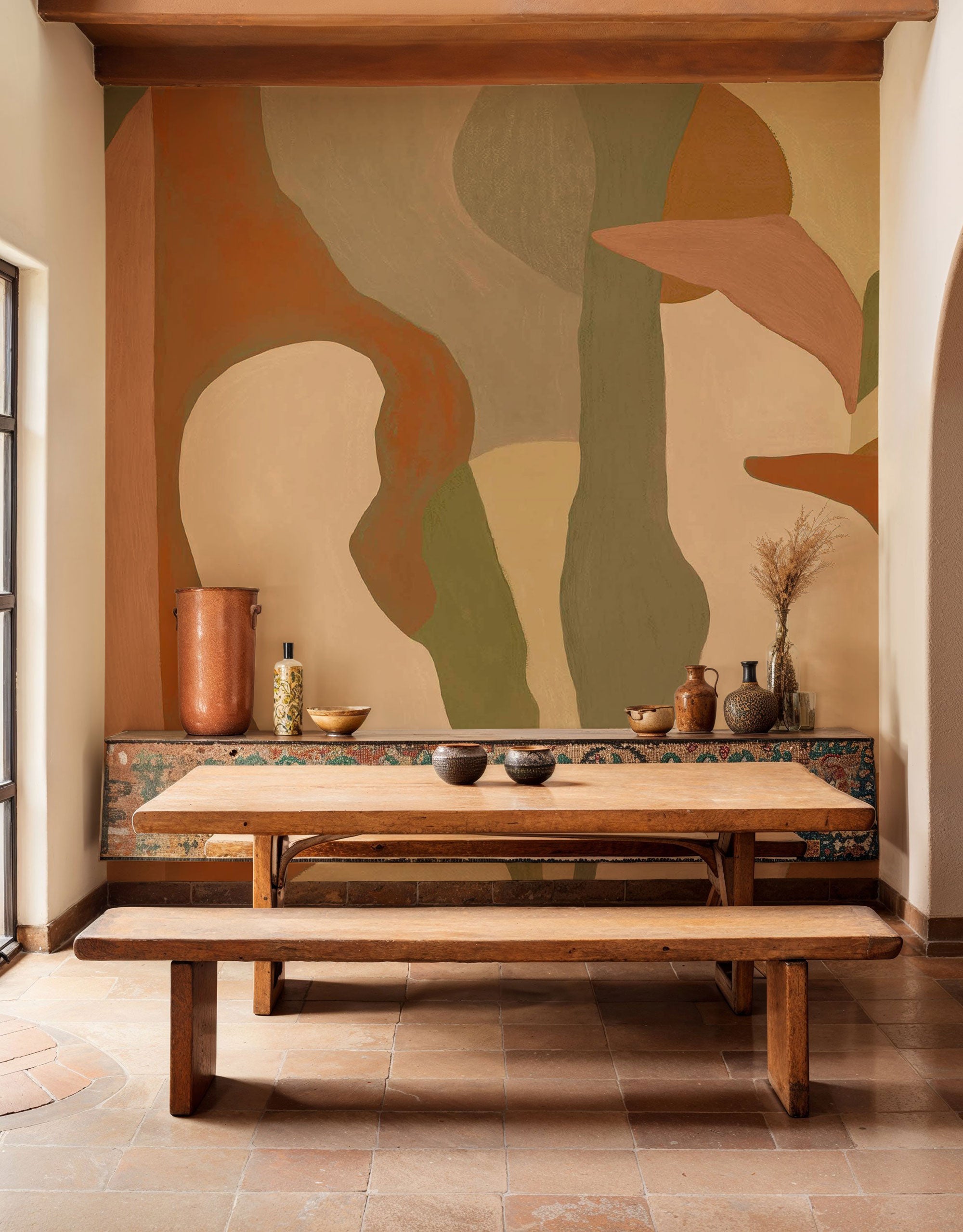 Abstract Mex Orange New Primitivism Mural by Tres Tintas