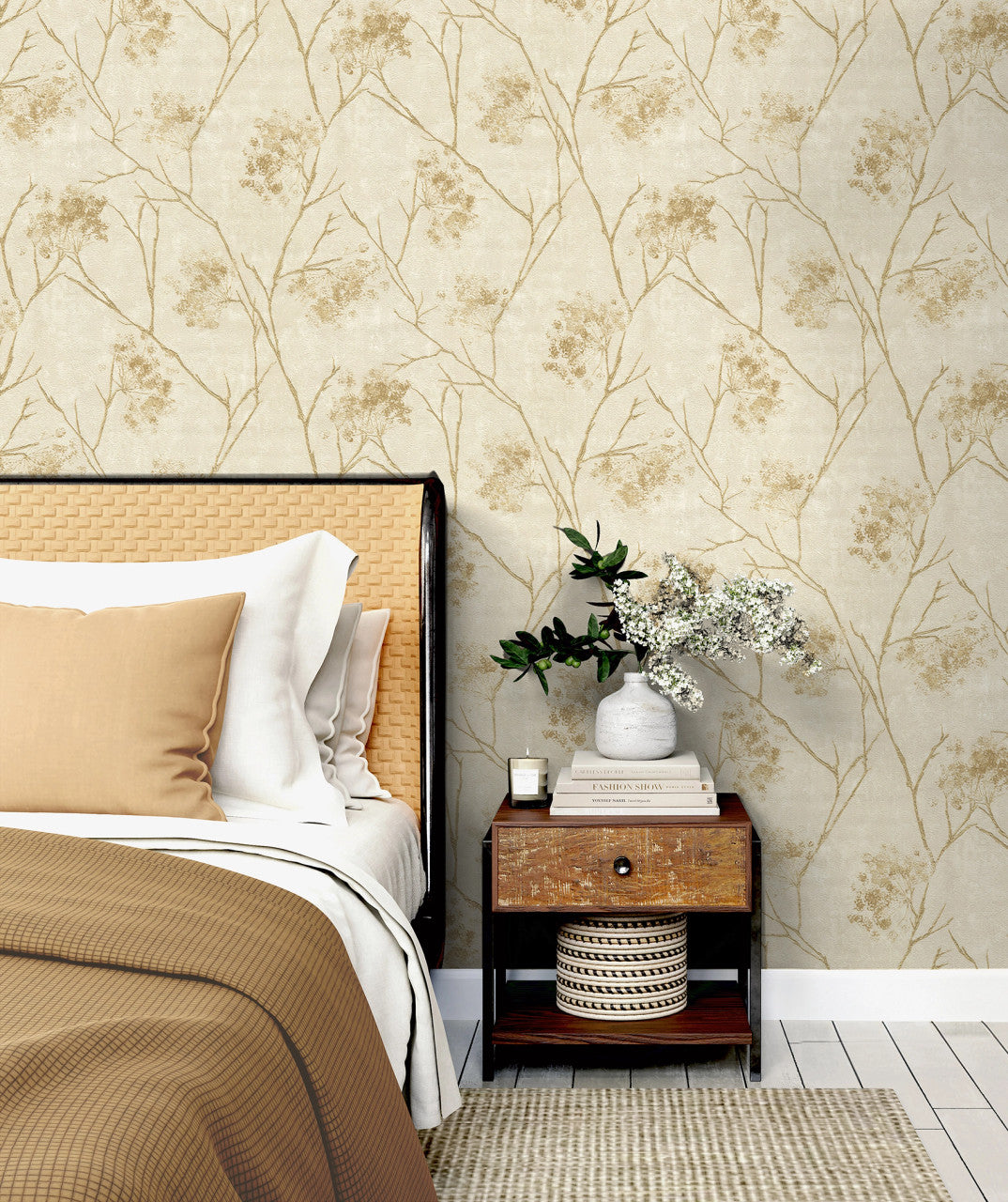 M95672 Sofia Sprig Gold Vymura Wallpaper by Fine Decor