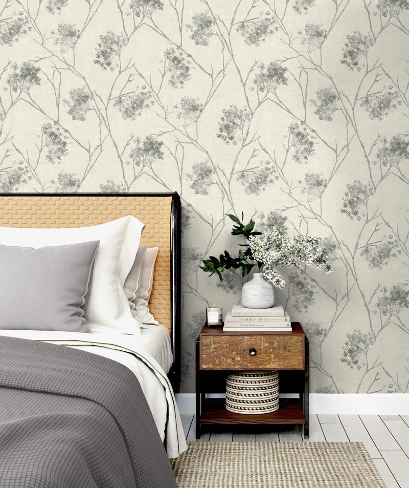 M95673 Sofia Sprig Silver Vymura Wallpaper by Fine Decor