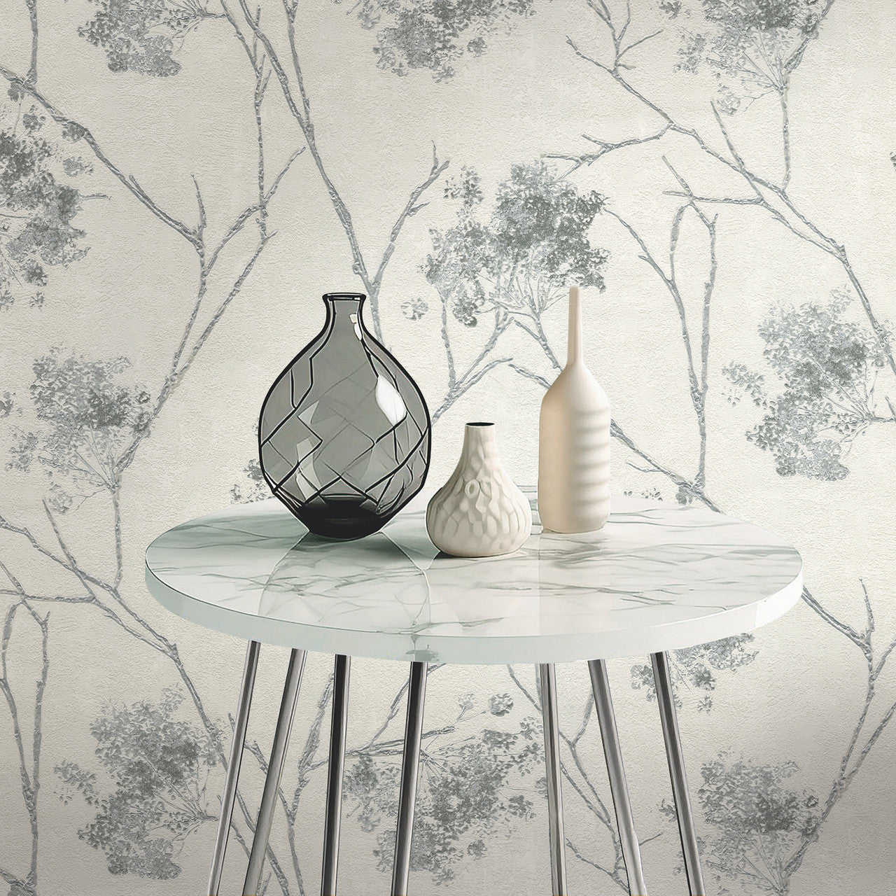 M95673 Sofia Sprig Silver Vymura Wallpaper by Fine Decor