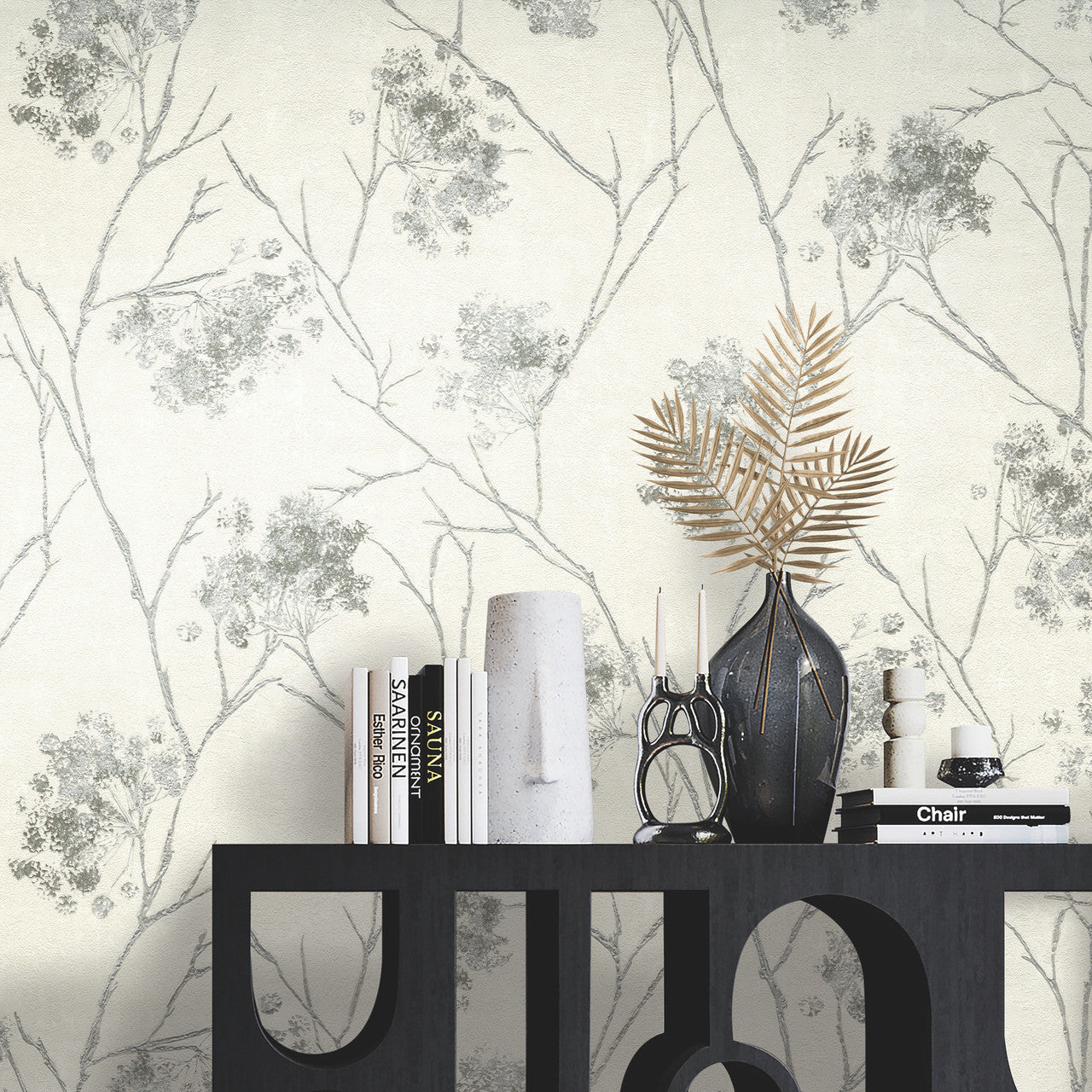 M95673 Sofia Sprig Silver Vymura Wallpaper by Fine Decor