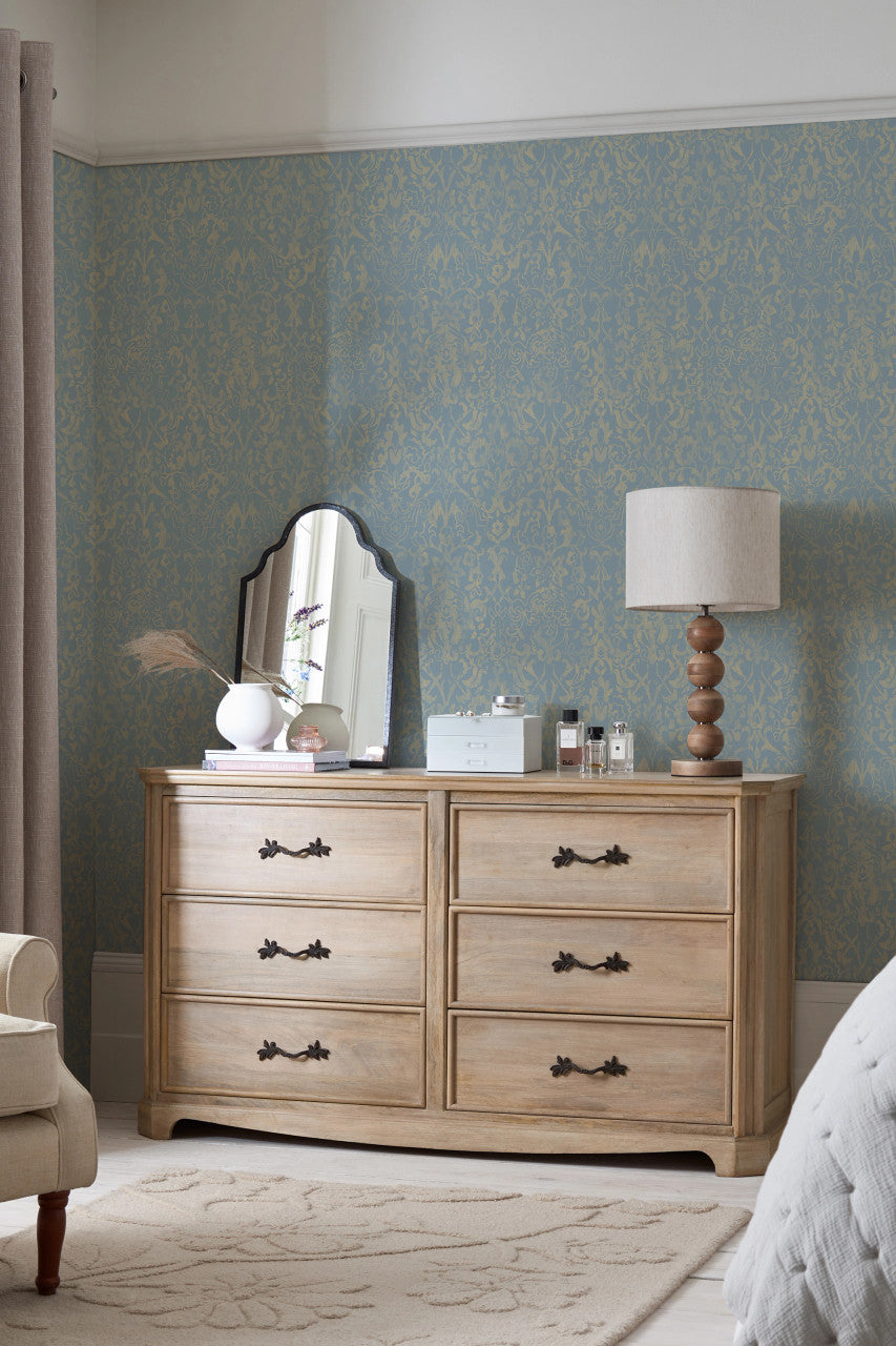 121305 Majestic Damask Blue Wallpaper by Next