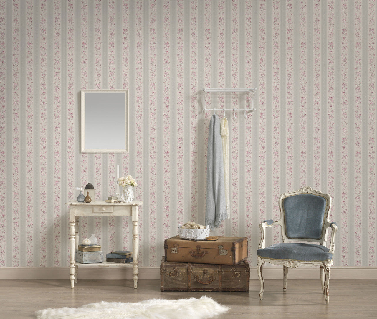 MC61049 Vintage Rose Stripe Motif Maison Charme Wallpaper By Galerie