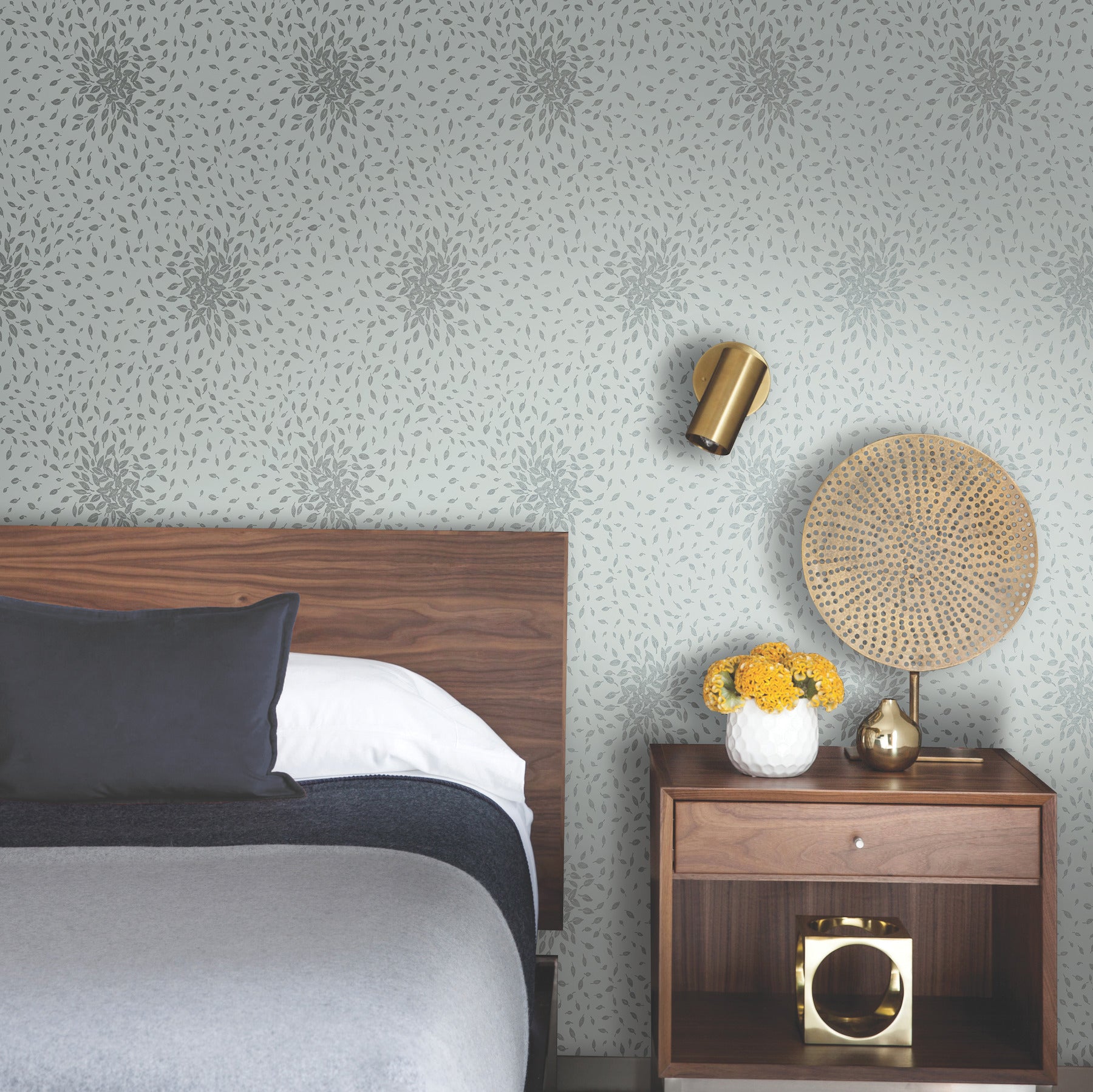MD7101 Petite Leaves Spa & Silver Modern Metals Wallpaper by York Wallcoverings