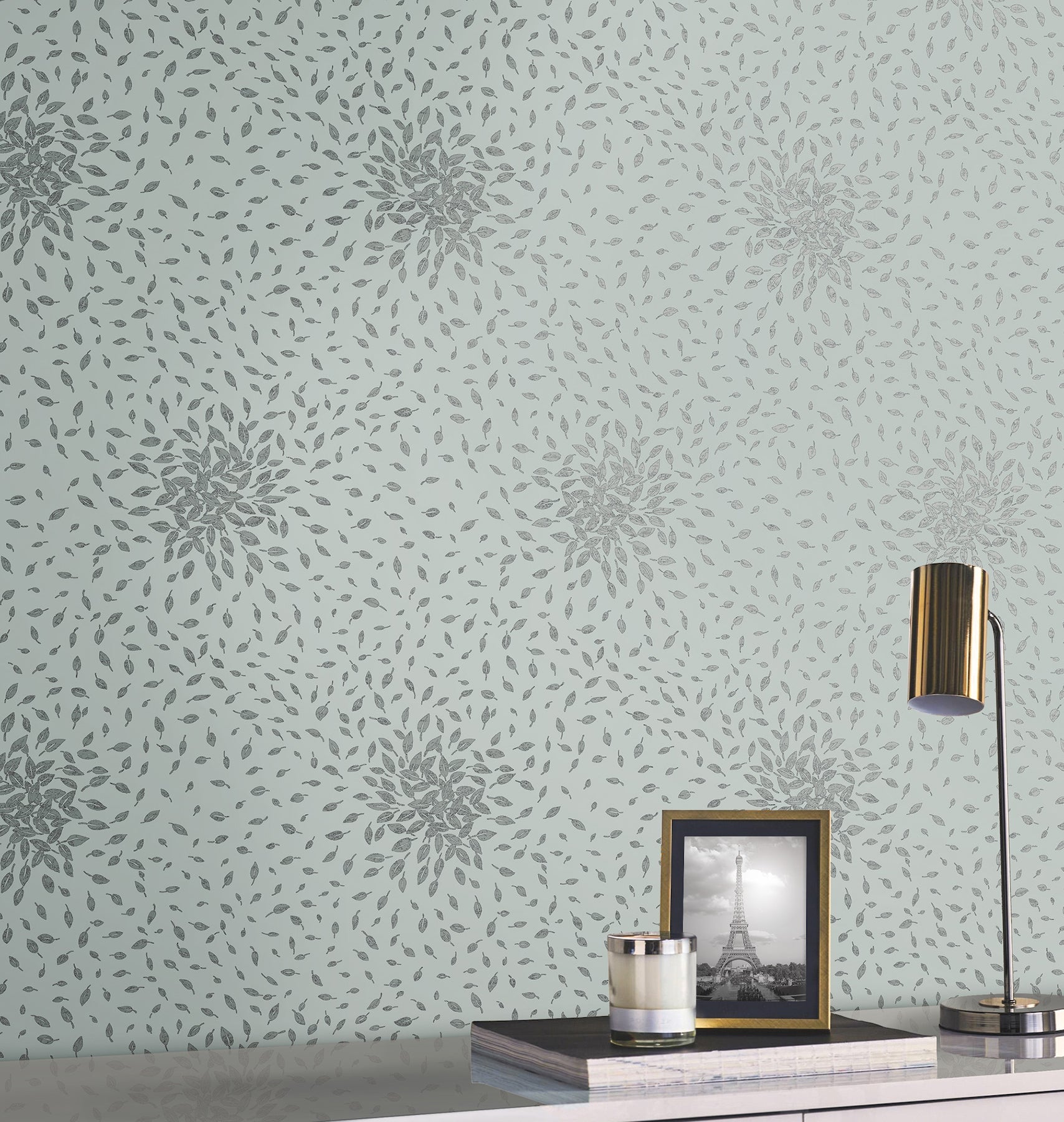 MD7101 Petite Leaves Spa & Silver Modern Metals Wallpaper by York Wallcoverings