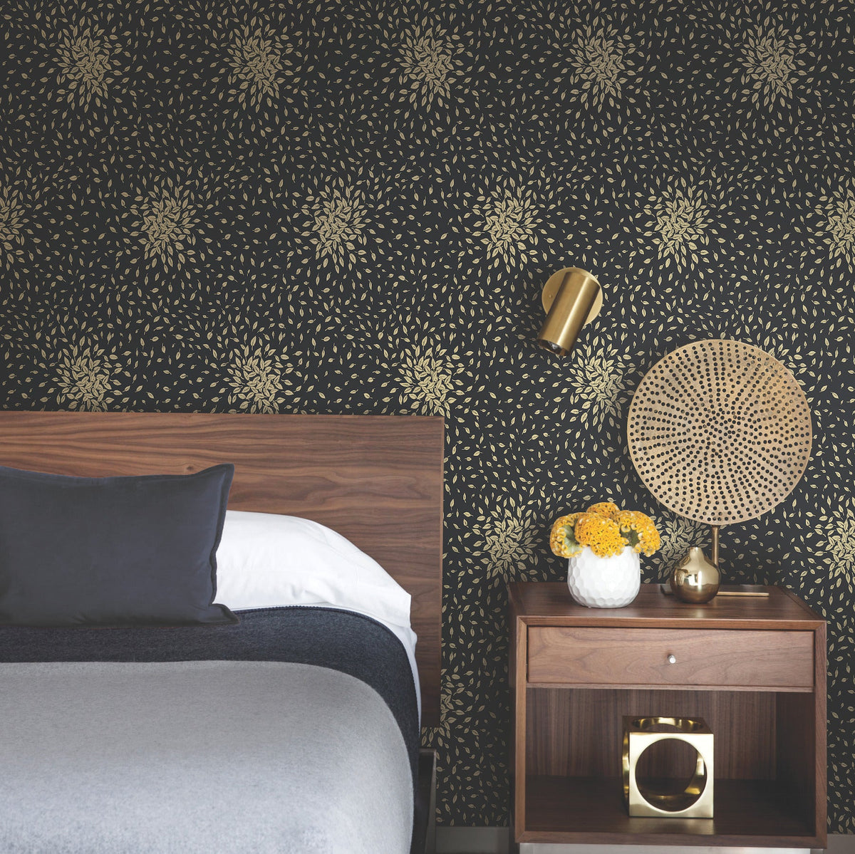 MD7102 Petite Leaves Black & Gold Modern Metals Wallpaper by York Wallcoverings