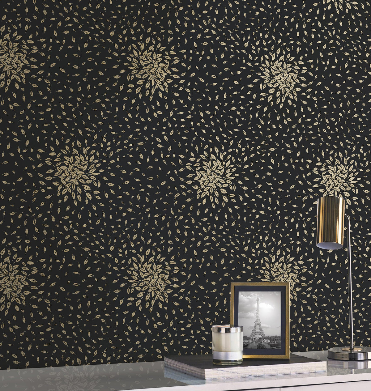 MD7102 Petite Leaves Black & Gold Modern Metals Wallpaper by York Wallcoverings