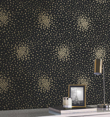 MD7102 Petite Leaves Black & Gold Modern Metals Wallpaper by York Wallcoverings