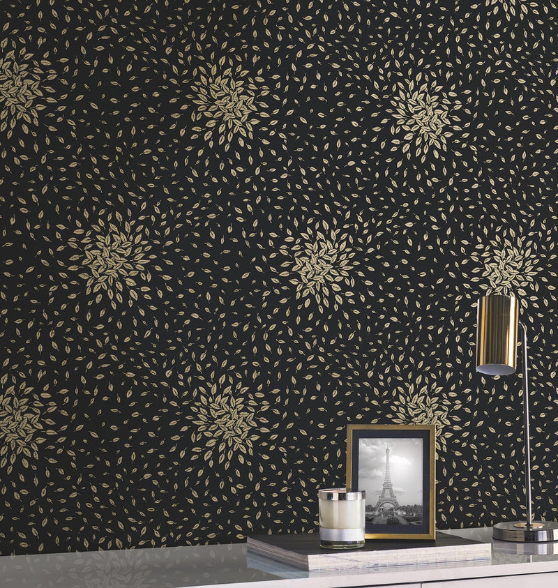 MD7102 Petite Leaves Black & Gold Modern Metals Wallpaper by York Wallcoverings