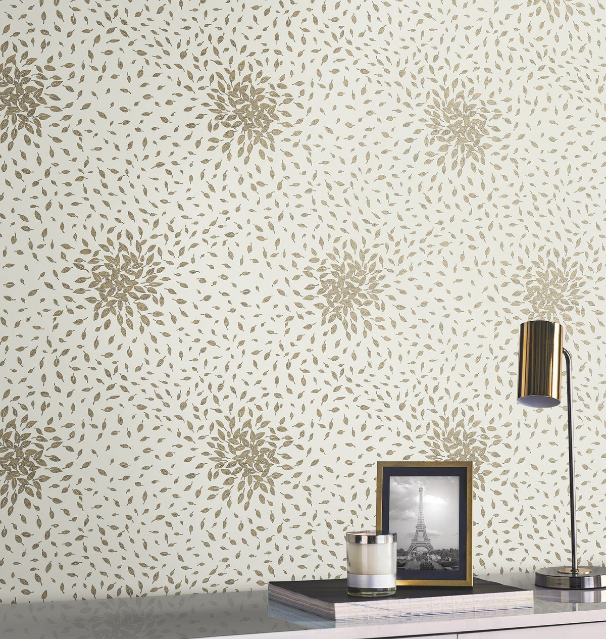 MD7103 Petite Leaves Cream & Gold Modern Metals Wallpaper by York Wallcoverings
