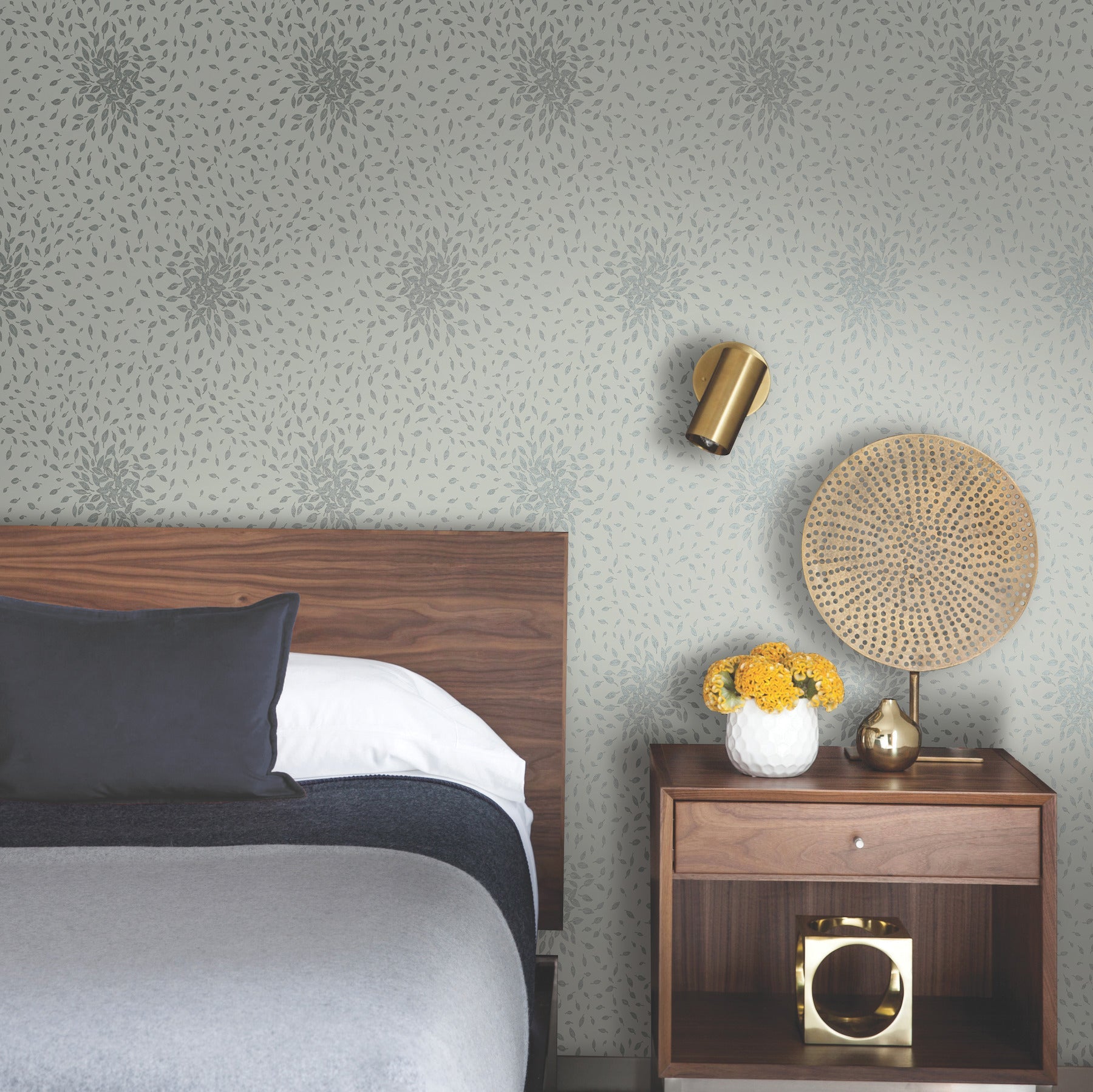 MD7104 Petite Leaves Eucalyptus & Silver Modern Metals Wallpaper by York Wallcoverings