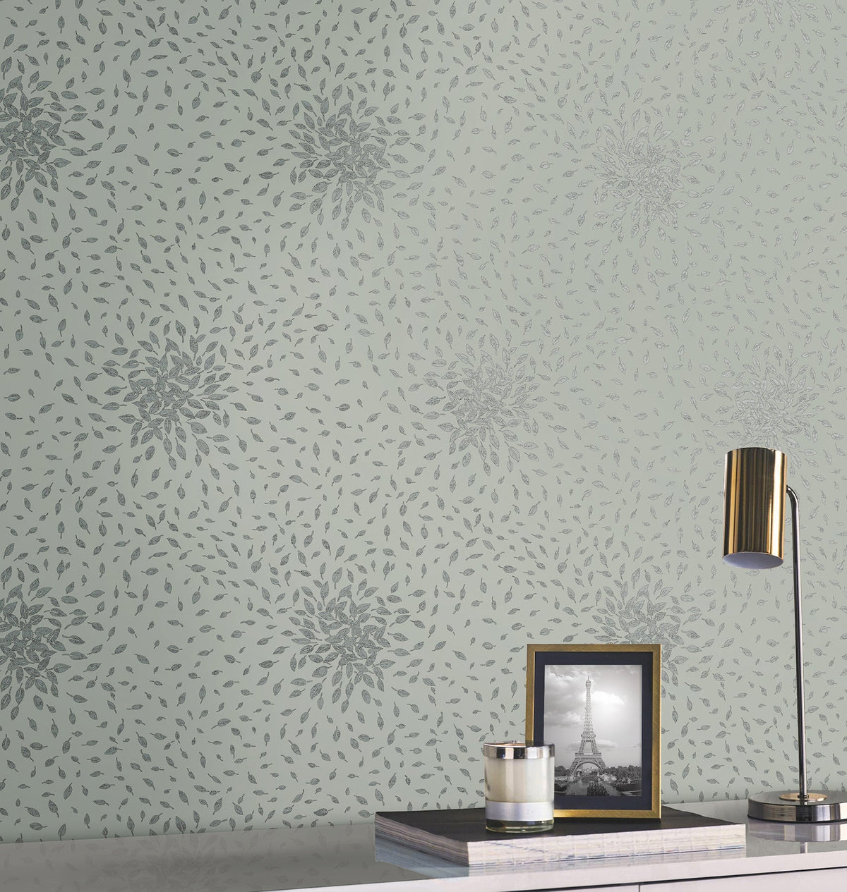 MD7104 Petite Leaves Eucalyptus & Silver Modern Metals Wallpaper by York Wallcoverings