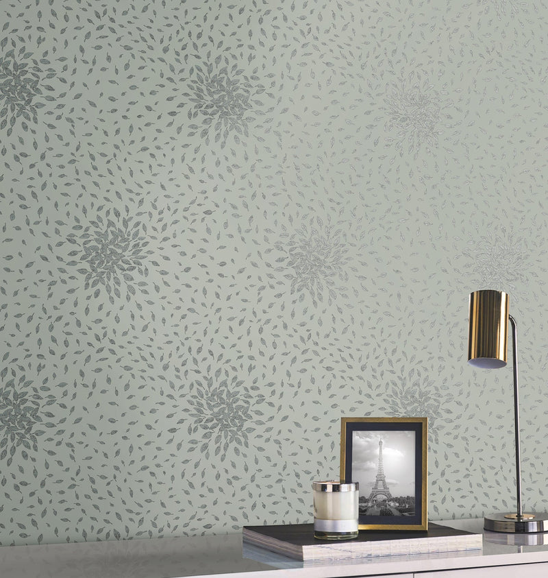 MD7104 Petite Leaves Eucalyptus & Silver Modern Metals Wallpaper by York Wallcoverings