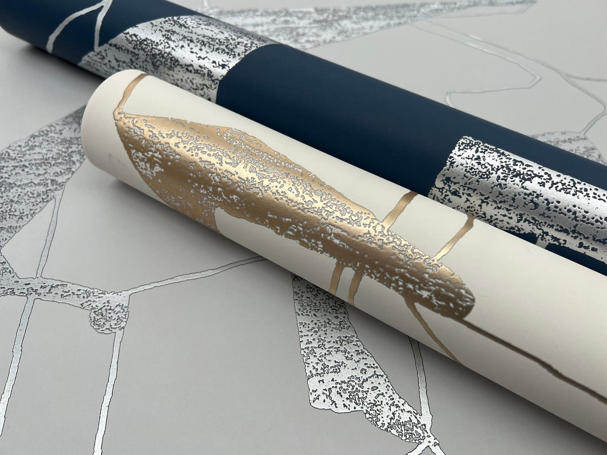 MD7112 Abstract Geo Navy & Silver Modern Metals Wallpaper by York Wallcoverings