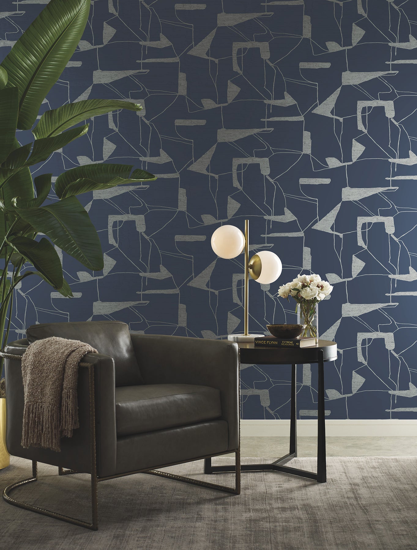 MD7112 Abstract Geo Navy & Silver Modern Metals Wallpaper by York Wallcoverings