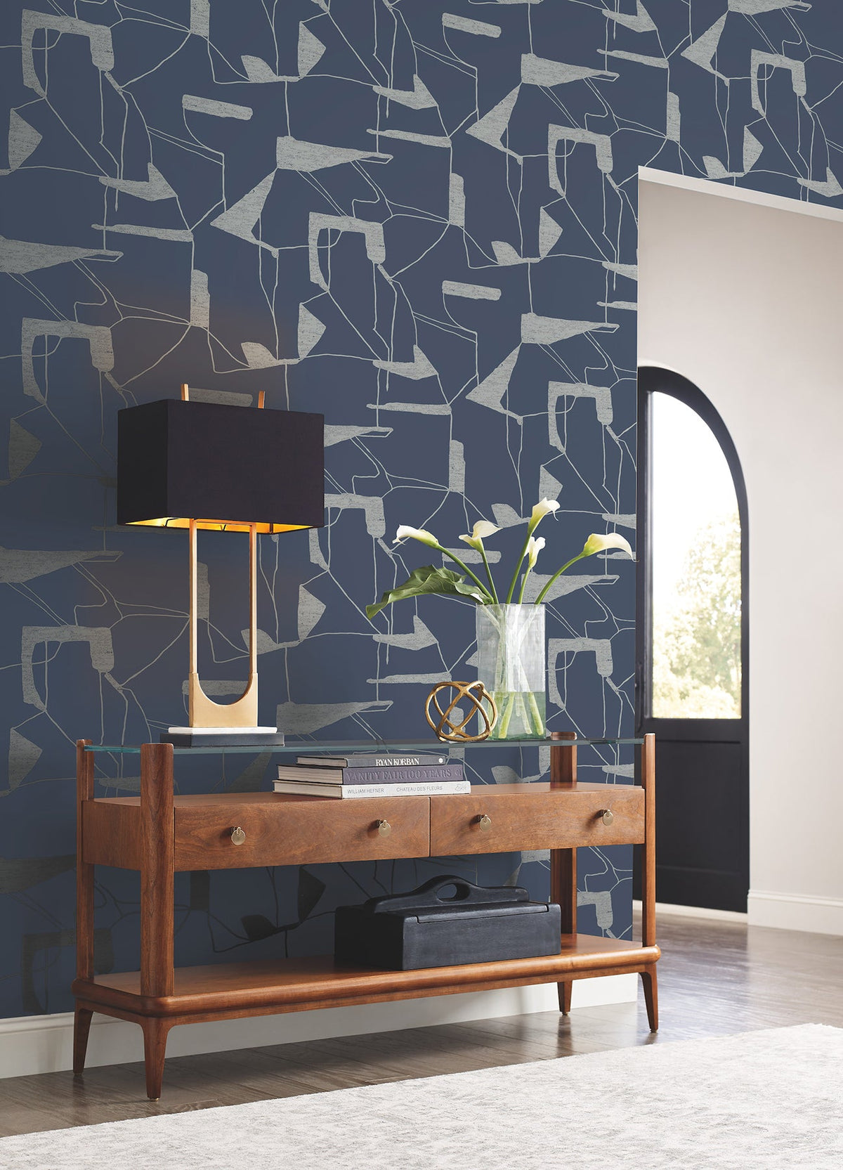 MD7112 Abstract Geo Navy & Silver Modern Metals Wallpaper by York Wallcoverings