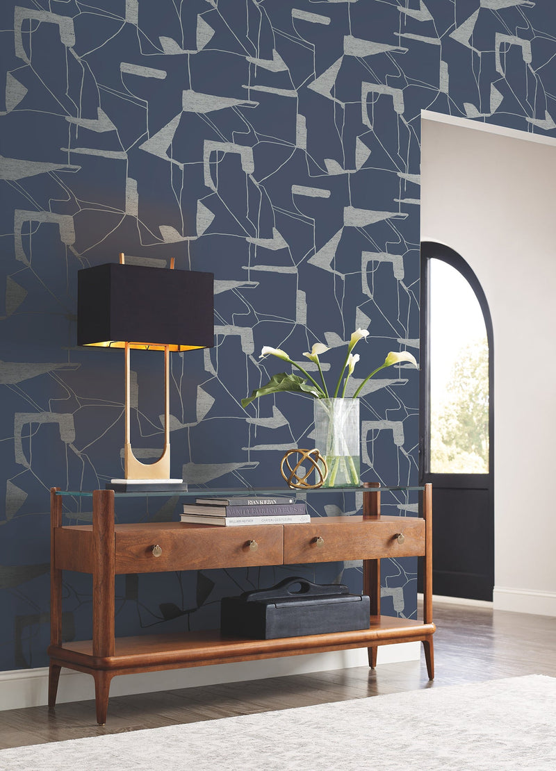 MD7112 Abstract Geo Navy & Silver Modern Metals Wallpaper by York Wallcoverings