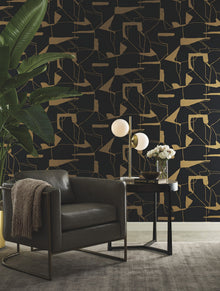 MD7115 Abstract Geo Black & Gold Modern Metals Wallpaper by York Wallcoverings