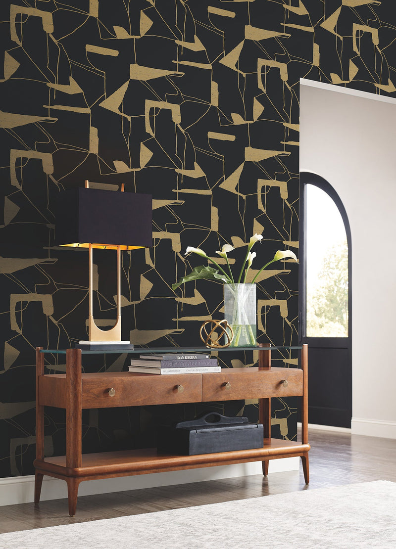 MD7115 Abstract Geo Black & Gold Modern Metals Wallpaper by York Wallcoverings
