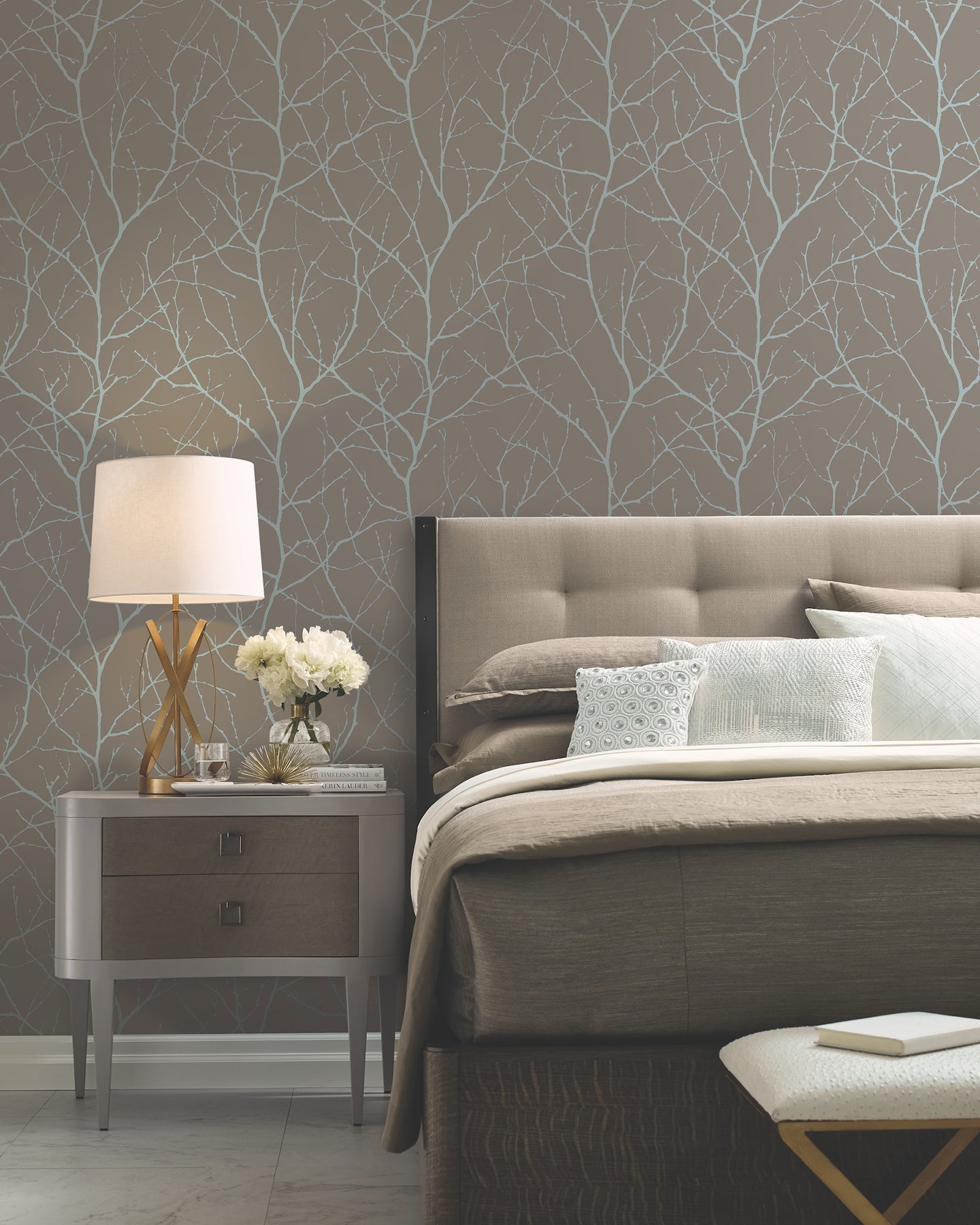 MD7121 Trees Silhouette Mocha & Silver Modern Metals Wallpaper by York Wallcoverings