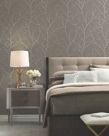 MD7121 Trees Silhouette Mocha & Silver Modern Metals Wallpaper by York Wallcoverings