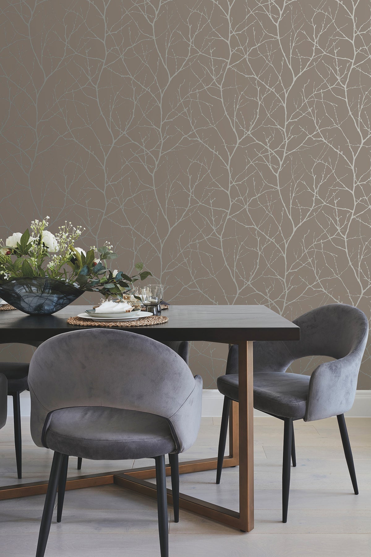 MD7121 Trees Silhouette Mocha & Silver Modern Metals Wallpaper by York Wallcoverings