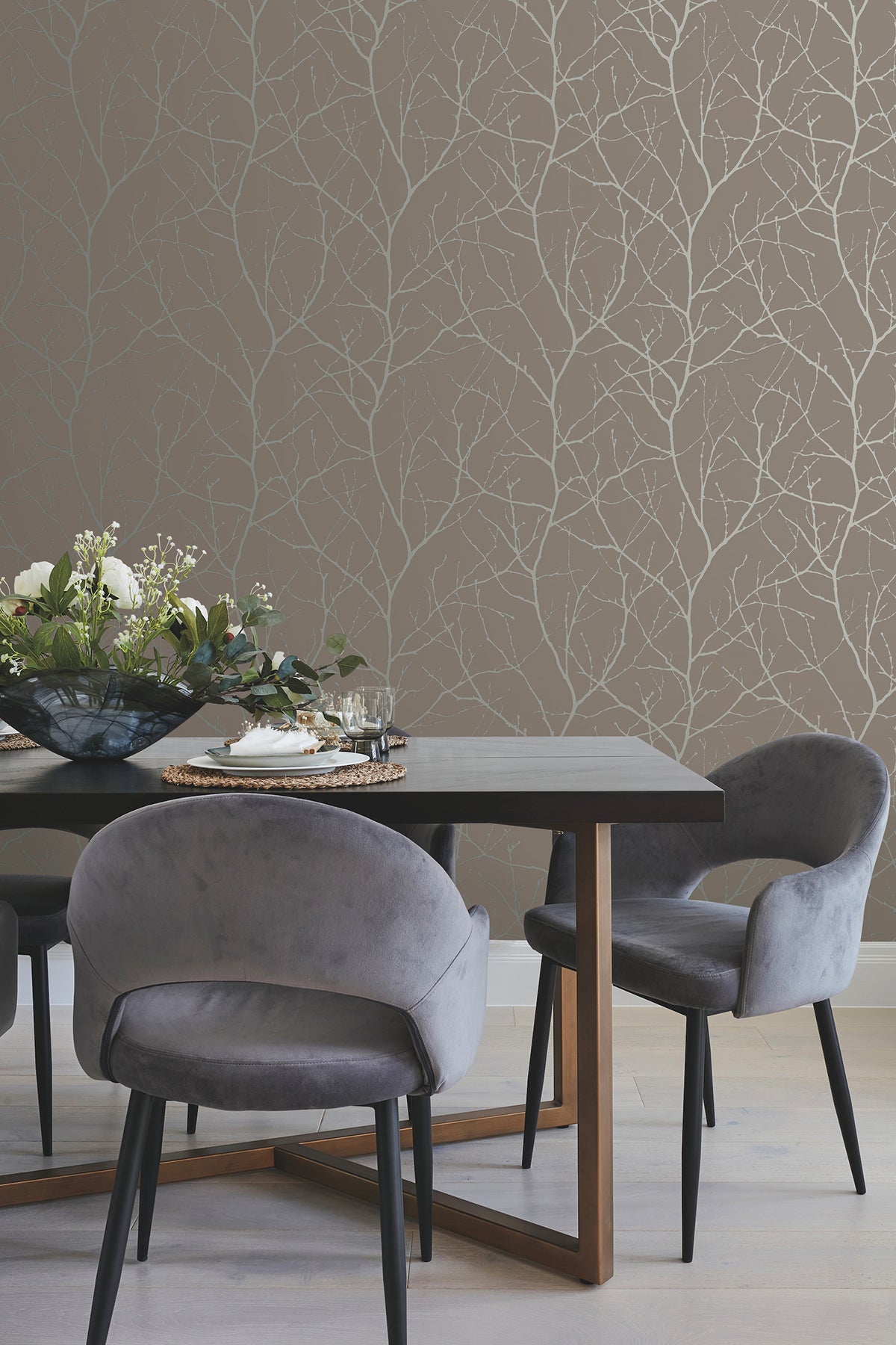 Trees Silhouette Mocha & Silver Modern Metals Wallpaper by York Wallcoverings