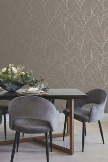 MD7121 Trees Silhouette Mocha & Silver Modern Metals Wallpaper by York Wallcoverings