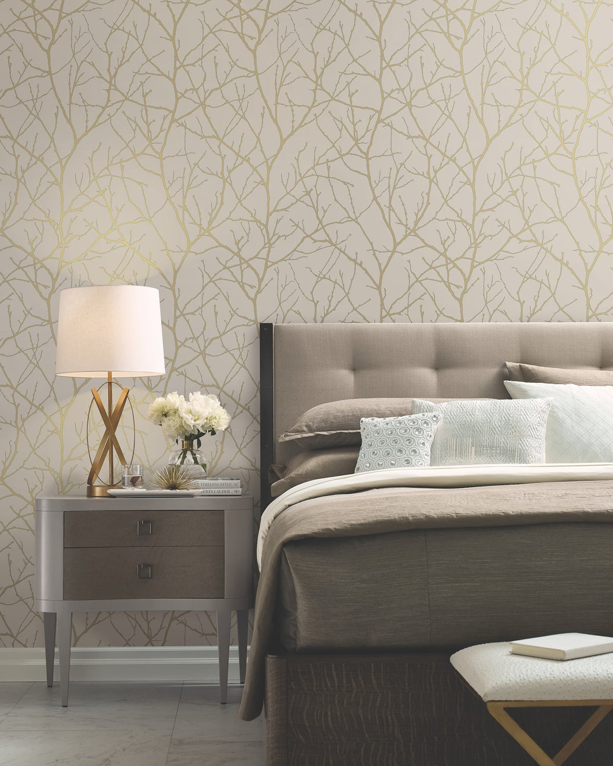 MD7122 Trees Silhouette Beige & Gold Modern Metals Wallpaper by York Wallcoverings