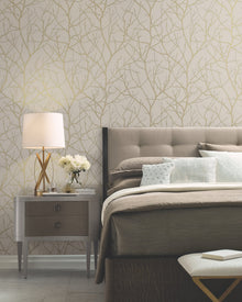 MD7122 Trees Silhouette Beige & Gold Modern Metals Wallpaper by York Wallcoverings
