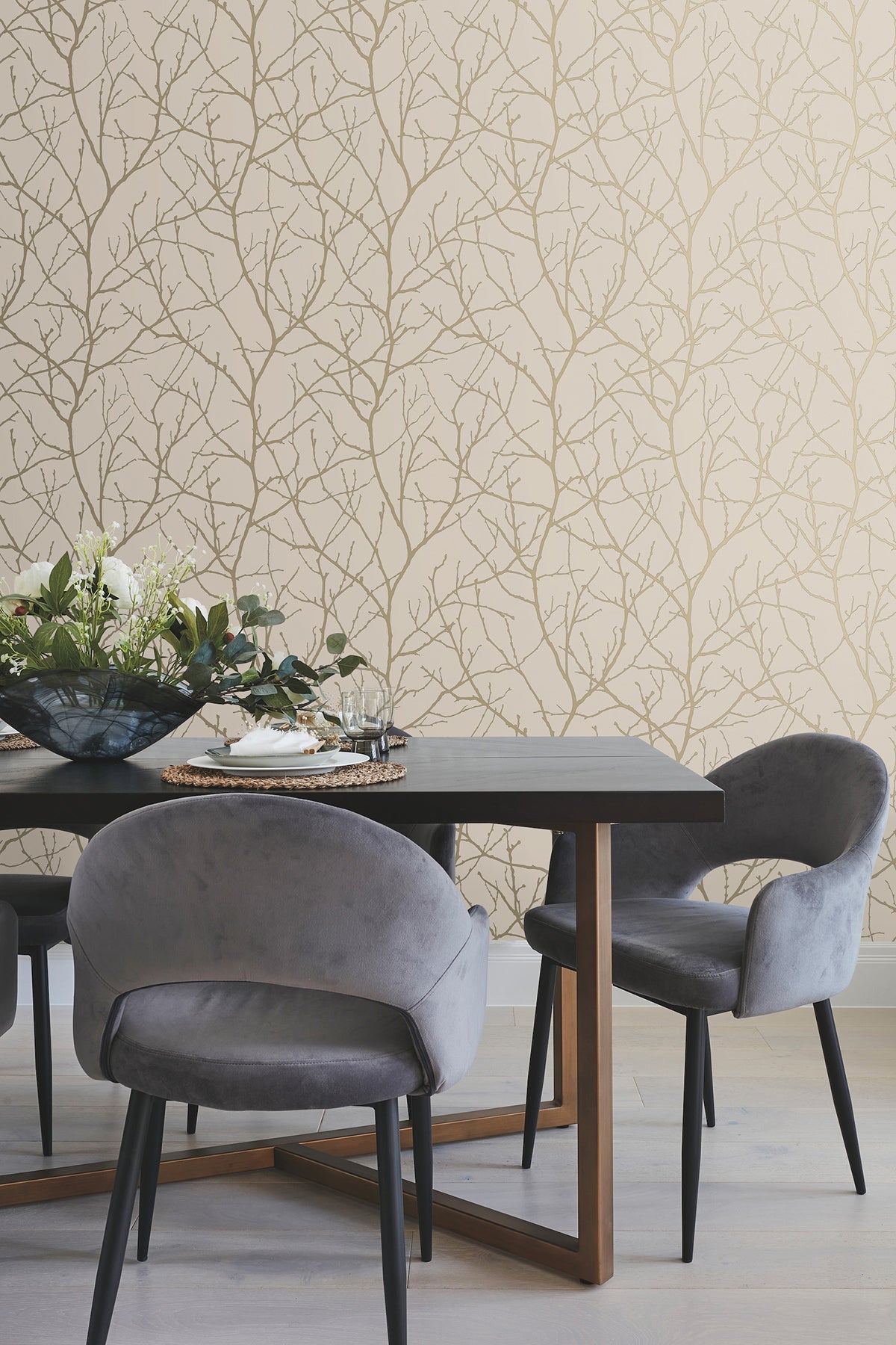 MD7122 Trees Silhouette Beige & Gold Modern Metals Wallpaper by York Wallcoverings