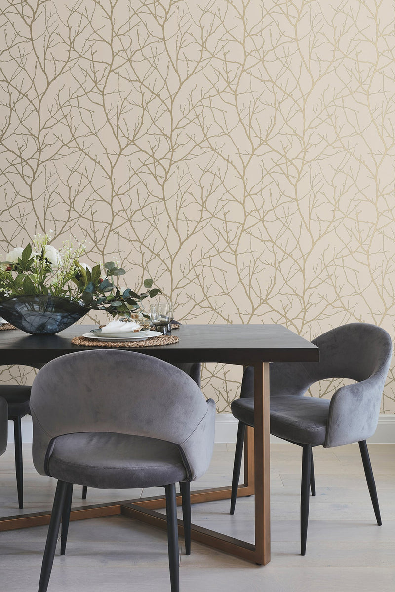 MD7122 Trees Silhouette Beige & Gold Modern Metals Wallpaper by York Wallcoverings