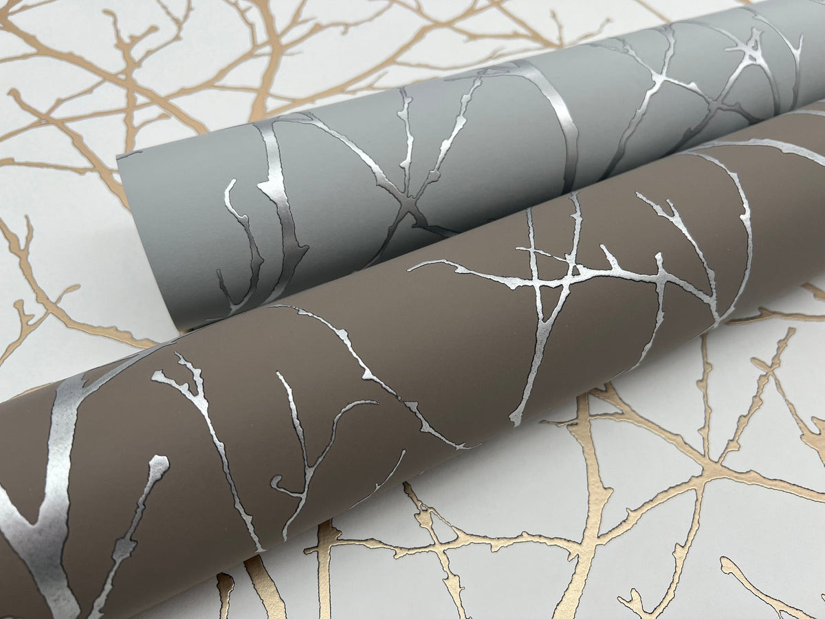 MD7123 Trees Silhouette Smokey Blue & Silver Modern Metals Wallpaper by York Wallcoverings