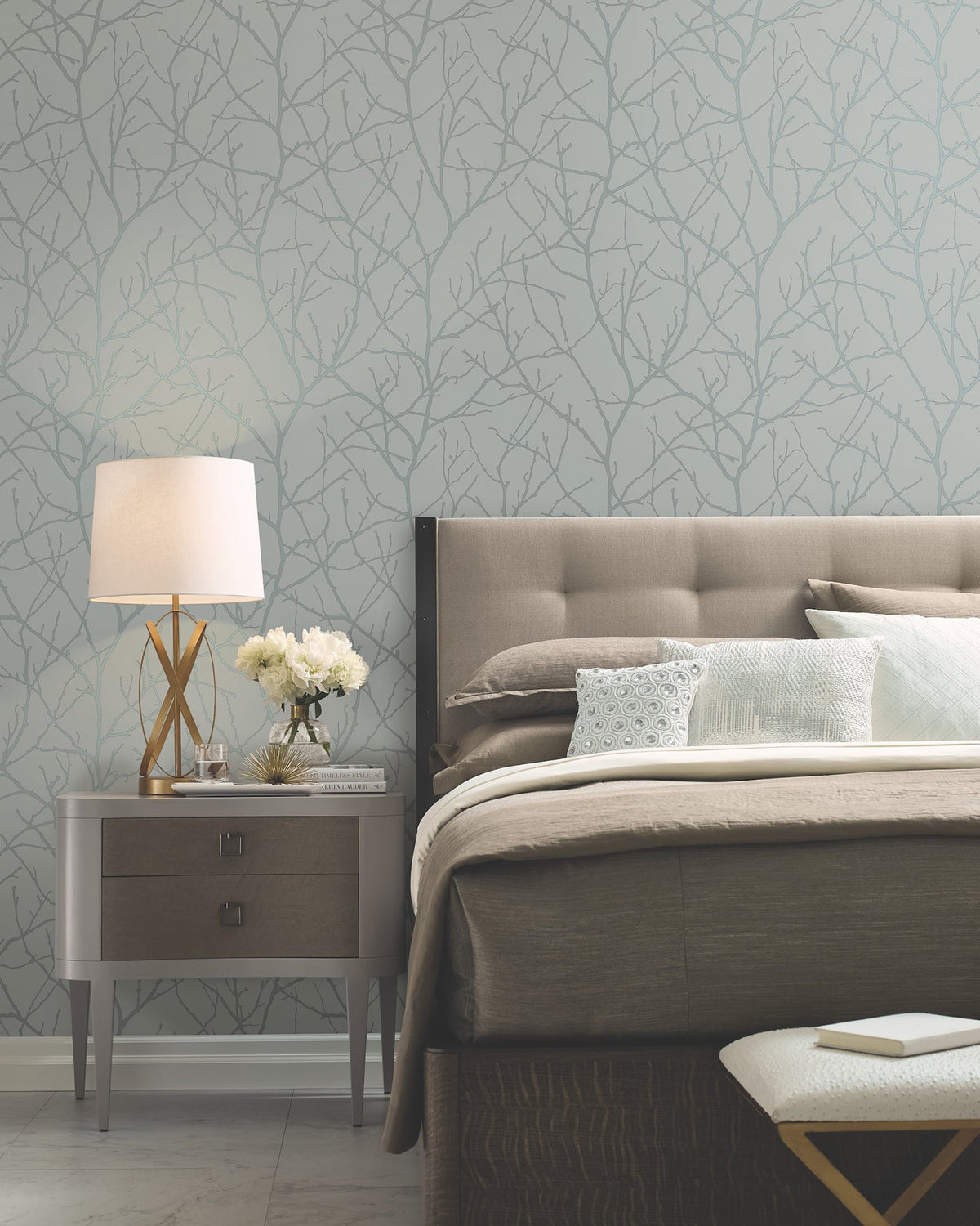 MD7123 Trees Silhouette Smokey Blue & Silver Modern Metals Wallpaper by York Wallcoverings