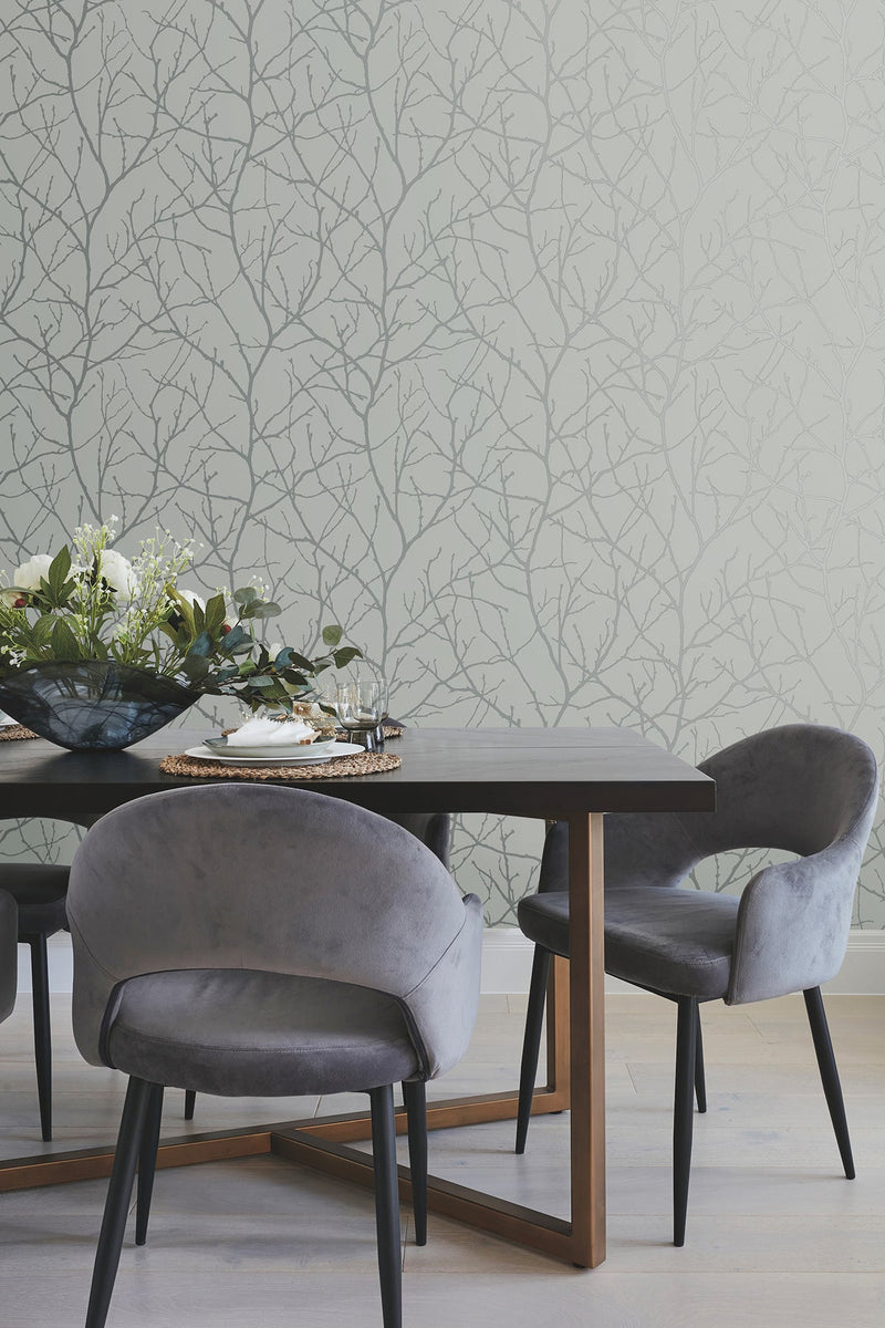 MD7123 Trees Silhouette Smokey Blue & Silver Modern Metals Wallpaper by York Wallcoverings
