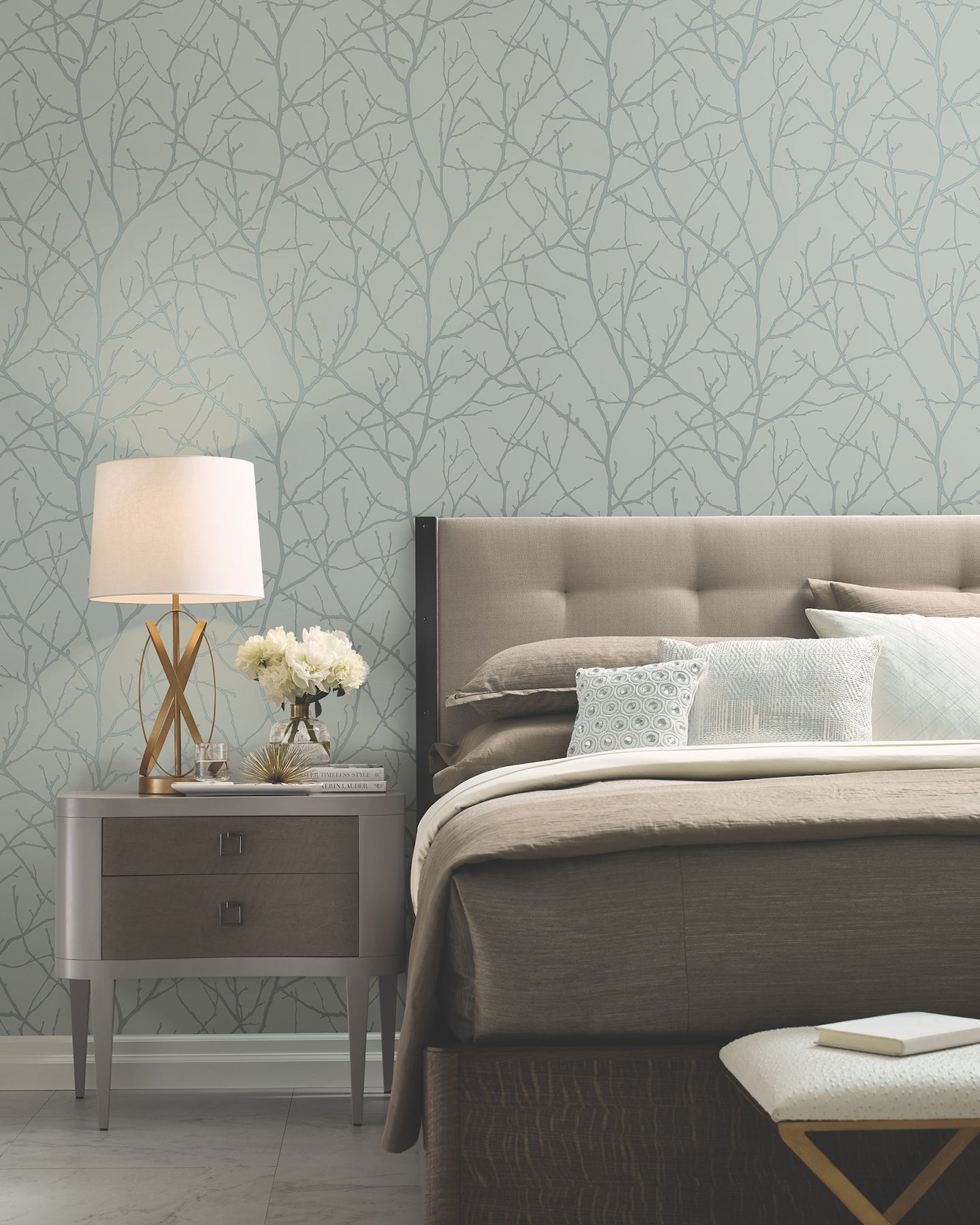 MD7124 Trees Silhouette Eucalyptus & Silver Modern Metals Wallpaper by York Wallcoverings