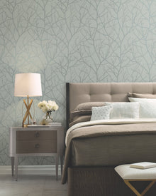 MD7124 Trees Silhouette Eucalyptus & Silver Modern Metals Wallpaper by York Wallcoverings