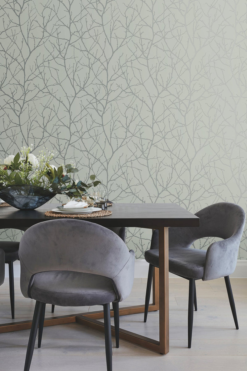 MD7124 Trees Silhouette Eucalyptus & Silver Modern Metals Wallpaper by York Wallcoverings