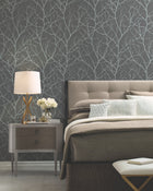 MD7125 Trees Silhouette Charcoal & Silver Modern Metals Wallpaper by York Wallcoverings