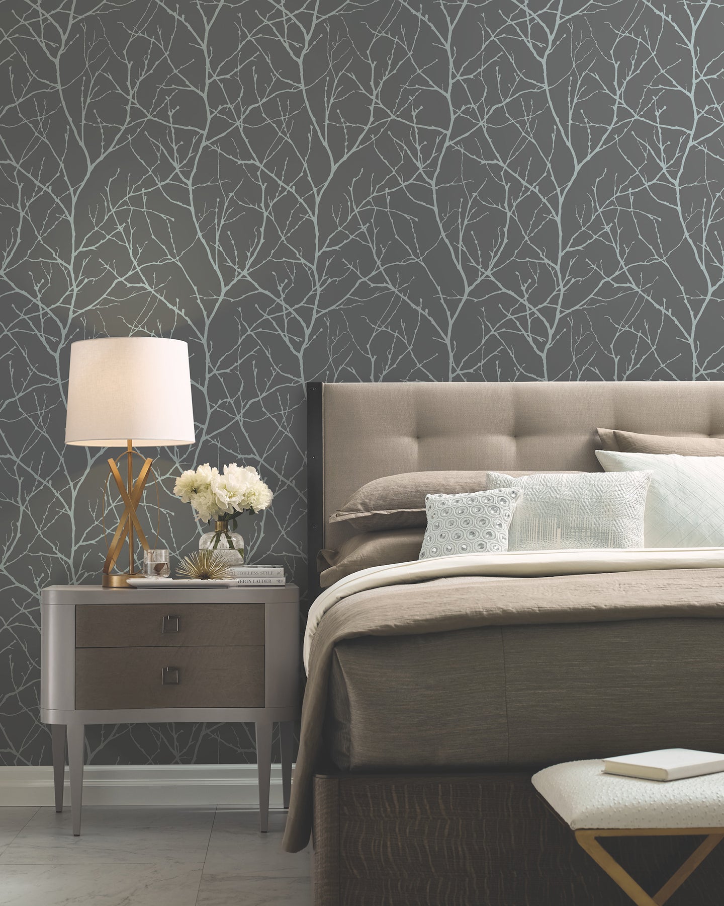 MD7125 Trees Silhouette Charcoal & Silver Modern Metals Wallpaper by York Wallcoverings