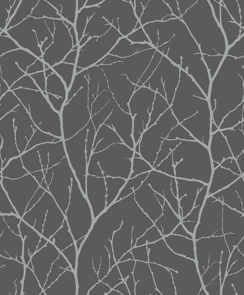 MD7125 Trees Silhouette Charcoal & Silver Modern Metals Wallpaper by York Wallcoverings