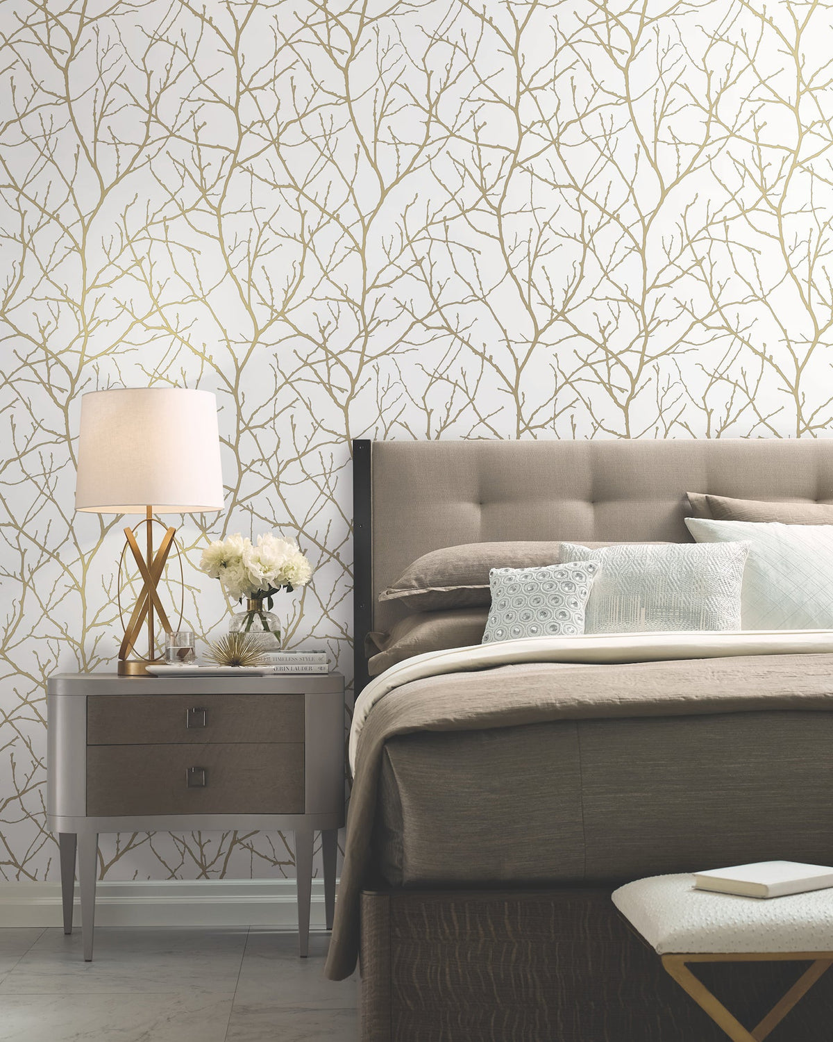 MD7126 Trees Silhouette White & Gold Modern Metals Wallpaper by York Wallcoverings