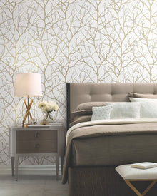 MD7126 Trees Silhouette White & Gold Modern Metals Wallpaper by York Wallcoverings
