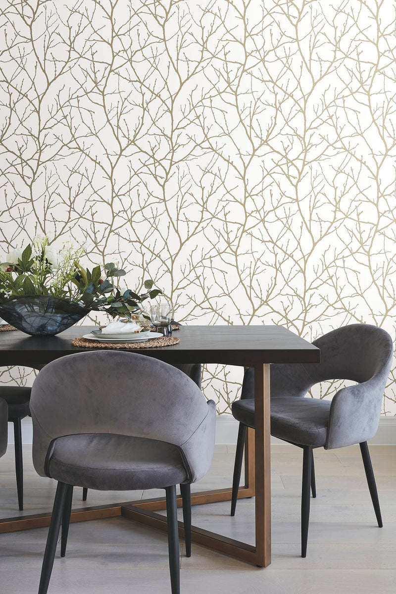 MD7126 Trees Silhouette White & Gold Modern Metals Wallpaper by York Wallcoverings