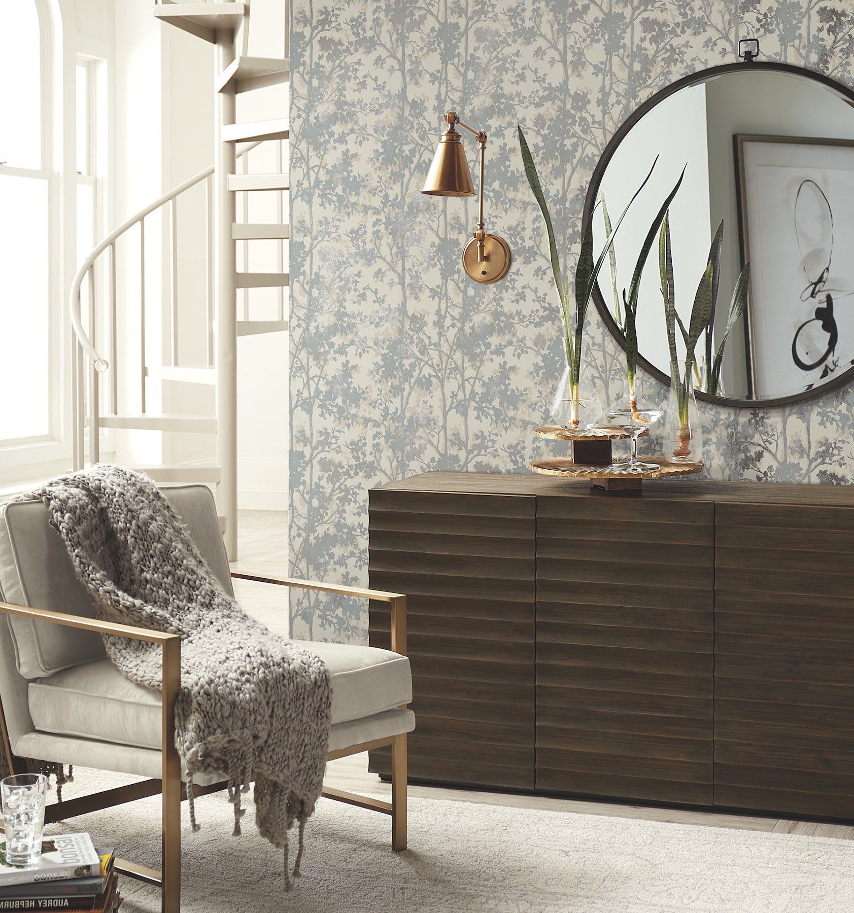 MD7141 Shimmering Foliage Cream & Silver Modern Metals Wallpaper by York Wallcoverings