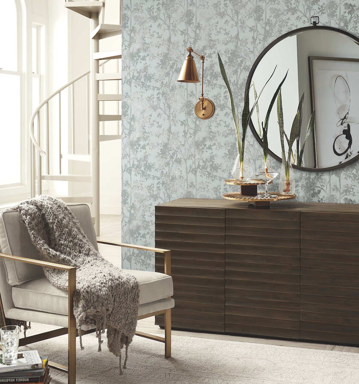 MD7142 Shimmering Foliage Spa & Silver Modern Metals Wallpaper by York Wallcoverings
